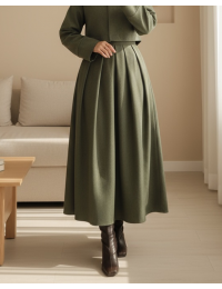 Pileli Fermuarlı Kaşe Etek -Haki