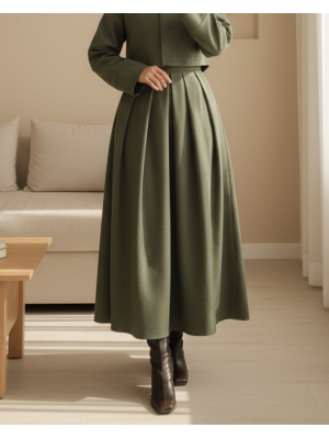 Pileli Fermuarlı Kaşe Etek -Haki