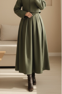 Pileli Fermuarlı Kaşe Etek -Haki