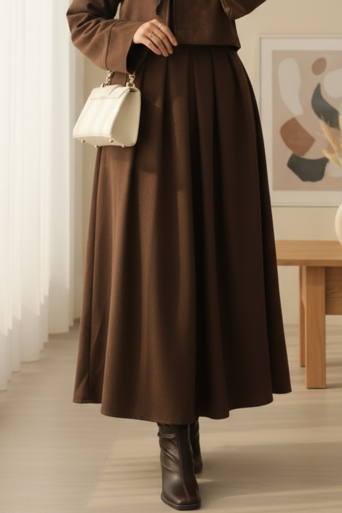 Pleated Zippered Cashmere Skirt -Brown