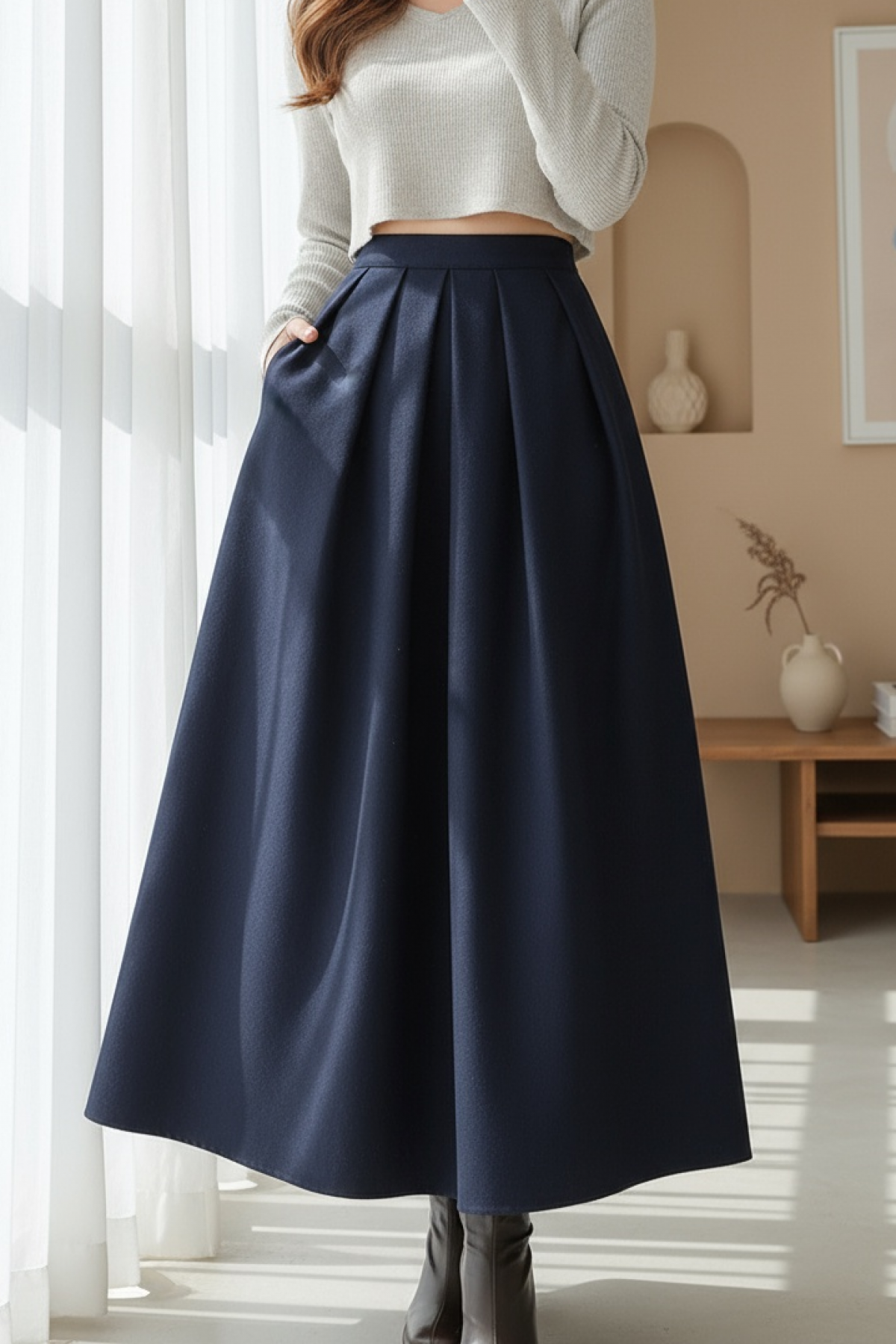 Pleated Zippered Cashmere Skirt -Navy blue