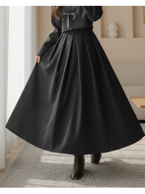 Pileli Fermuarlı Kaşe Etek -Siyah