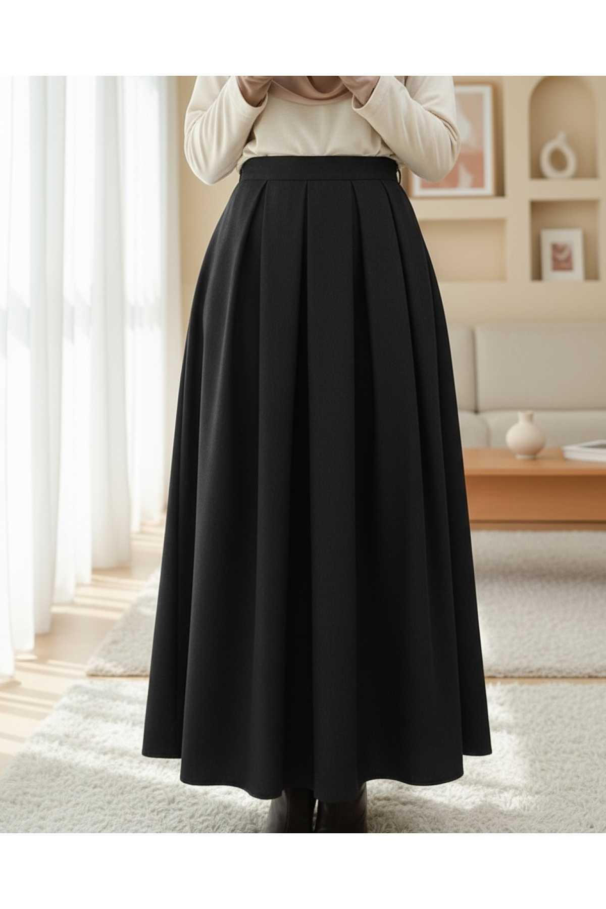 Pleated Zippered Cashmere Skirt -Black
