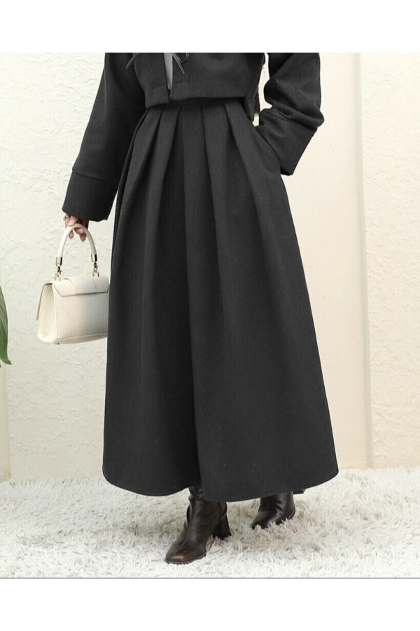 Pleated Zippered Cashmere Skirt -Black