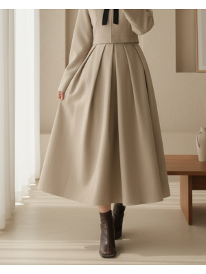 Pileli Fermuarlı Kaşe Etek -Vizon