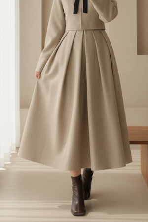 Pileli Fermuarlı Kaşe Etek -Vizon