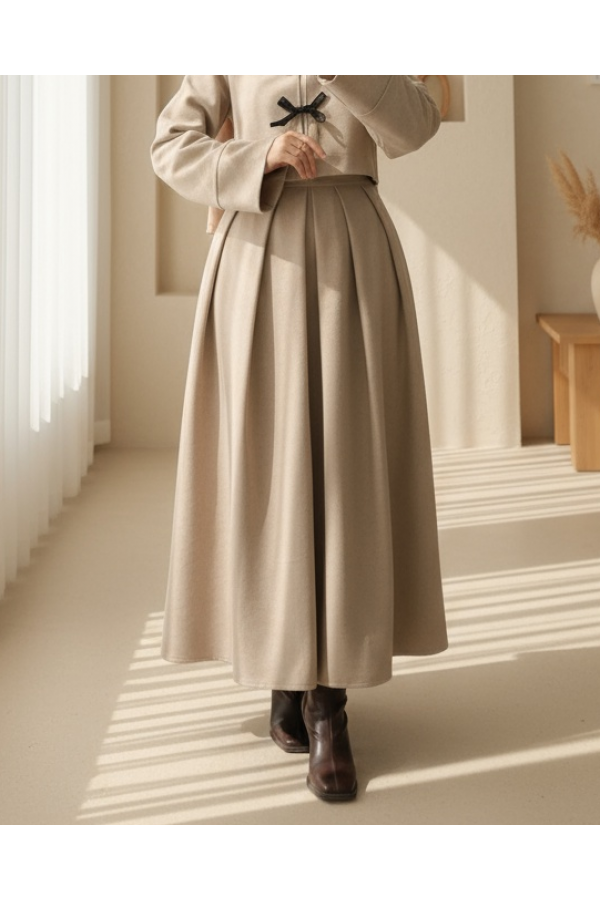 Pleated Zippered Cashmere Skirt -Mink color
