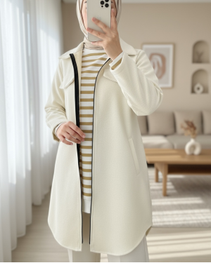Zippered Cashmere Coat with Side Pockets -Ecru