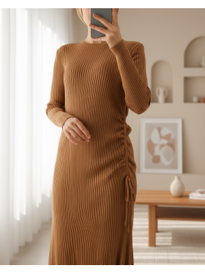 Belden Büzgülü Balık Triko Elbise -Vizon