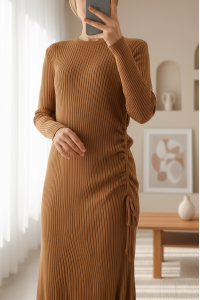 Belden Büzgülü Balık Triko Elbise -Vizon