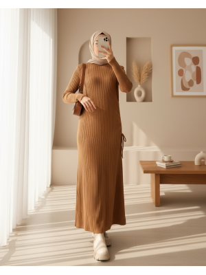 Belden Büzgülü Balık Triko Elbise -Vizon