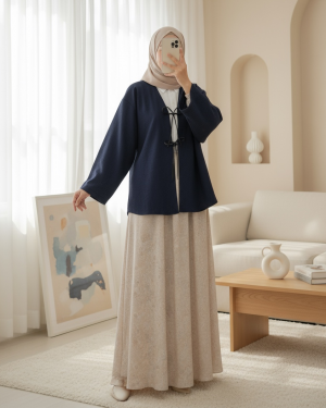 Laced Front Oval Cut Cashmere Kimono  -Navy blue