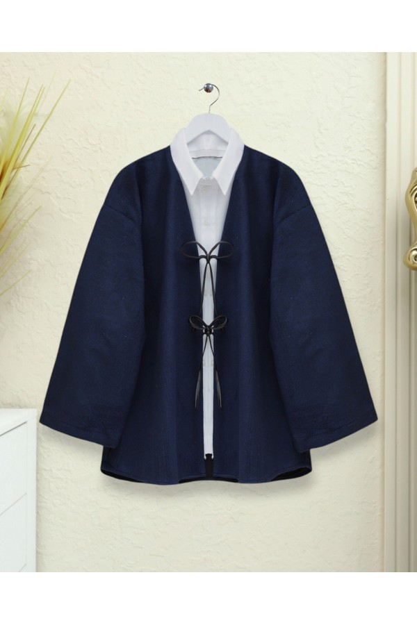 Önü Bağcıklı Oval Kesim Kaşe Kimono  -Laci