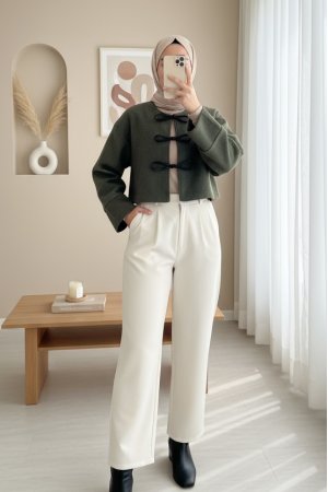 Önü Bağcıklı Kaşe Ceket -Haki