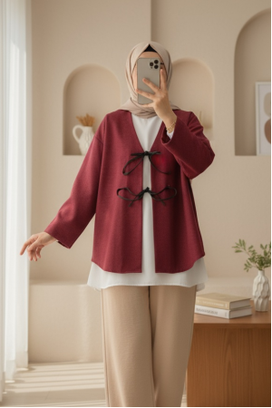 Önü Bağcıklı Oval Kesim Kaşe Kimono   -Bordo