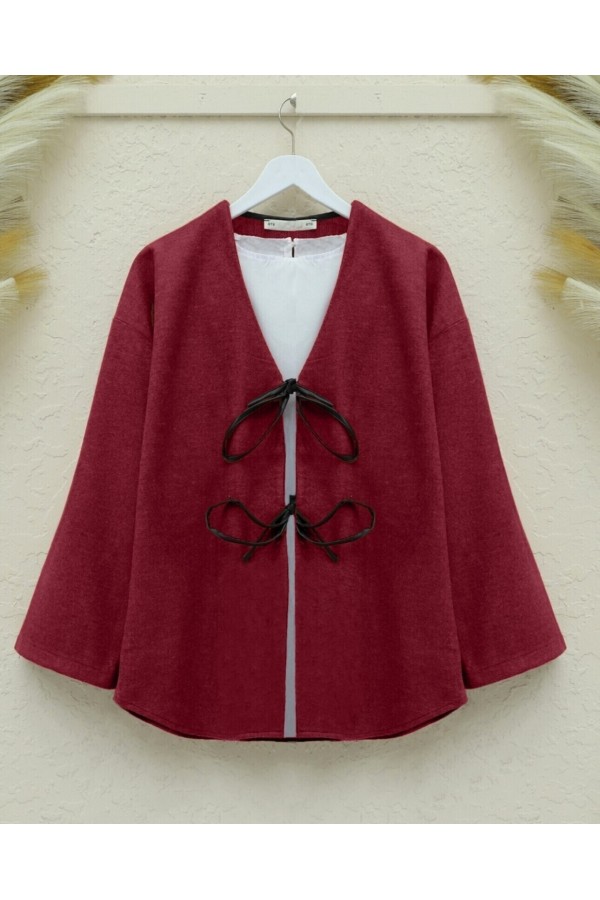 Önü Bağcıklı Oval Kesim Kaşe Kimono   -Bordo