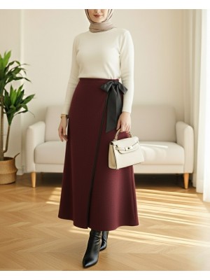Beli Lastikli Bağlamalı Biyeli Kaşe Etek -Bordo
