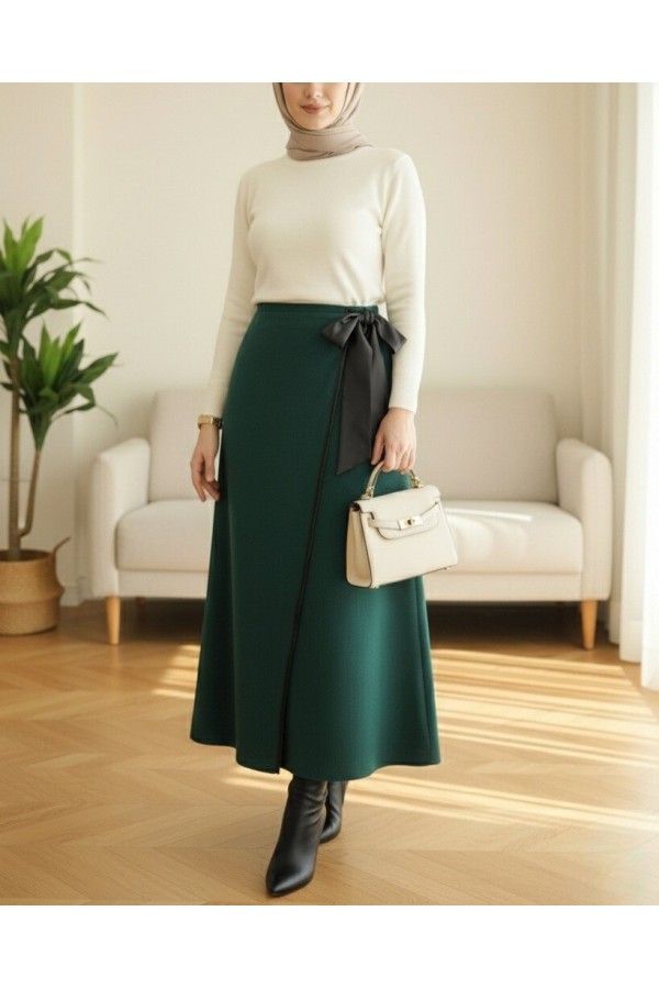 Elastic Waist Tied Piping Cashmere Skirt -Emerald