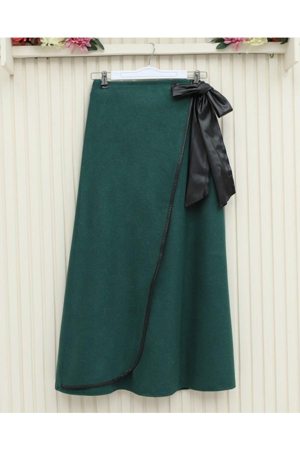 Elastic Waist Tied Piping Cashmere Skirt -Emerald