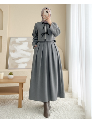 Pileli Fermuarlı Kaşe Etek  -Gri