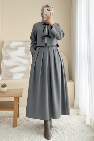 Pileli Fermuarlı Kaşe Etek  -Gri