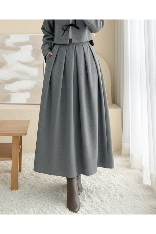 Pleated Zippered Cashmere Skirt  -Grey