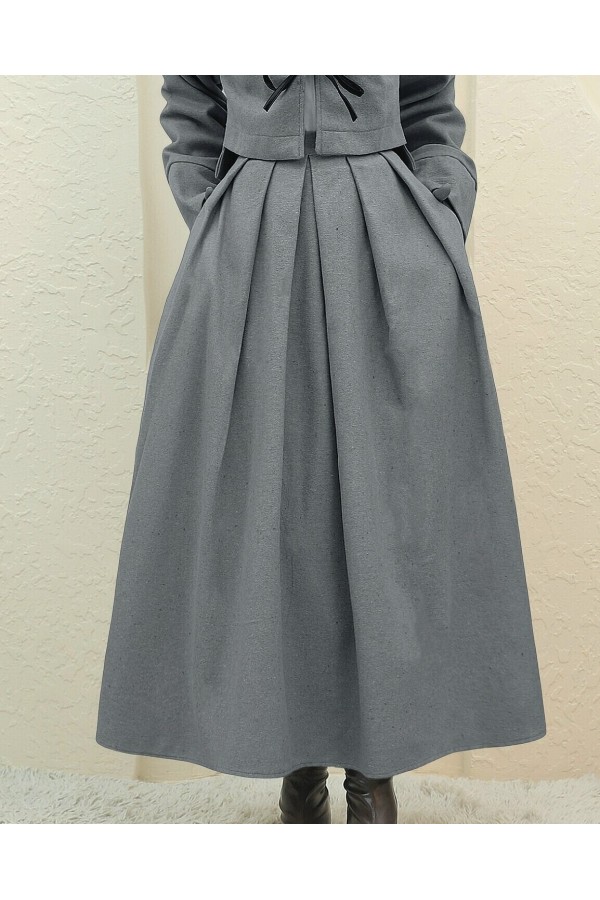 Pleated Zippered Cashmere Skirt  -Grey