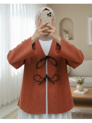 Önü Bağcıklı Oval Kesim Kaşe Kimono    -Kiremit