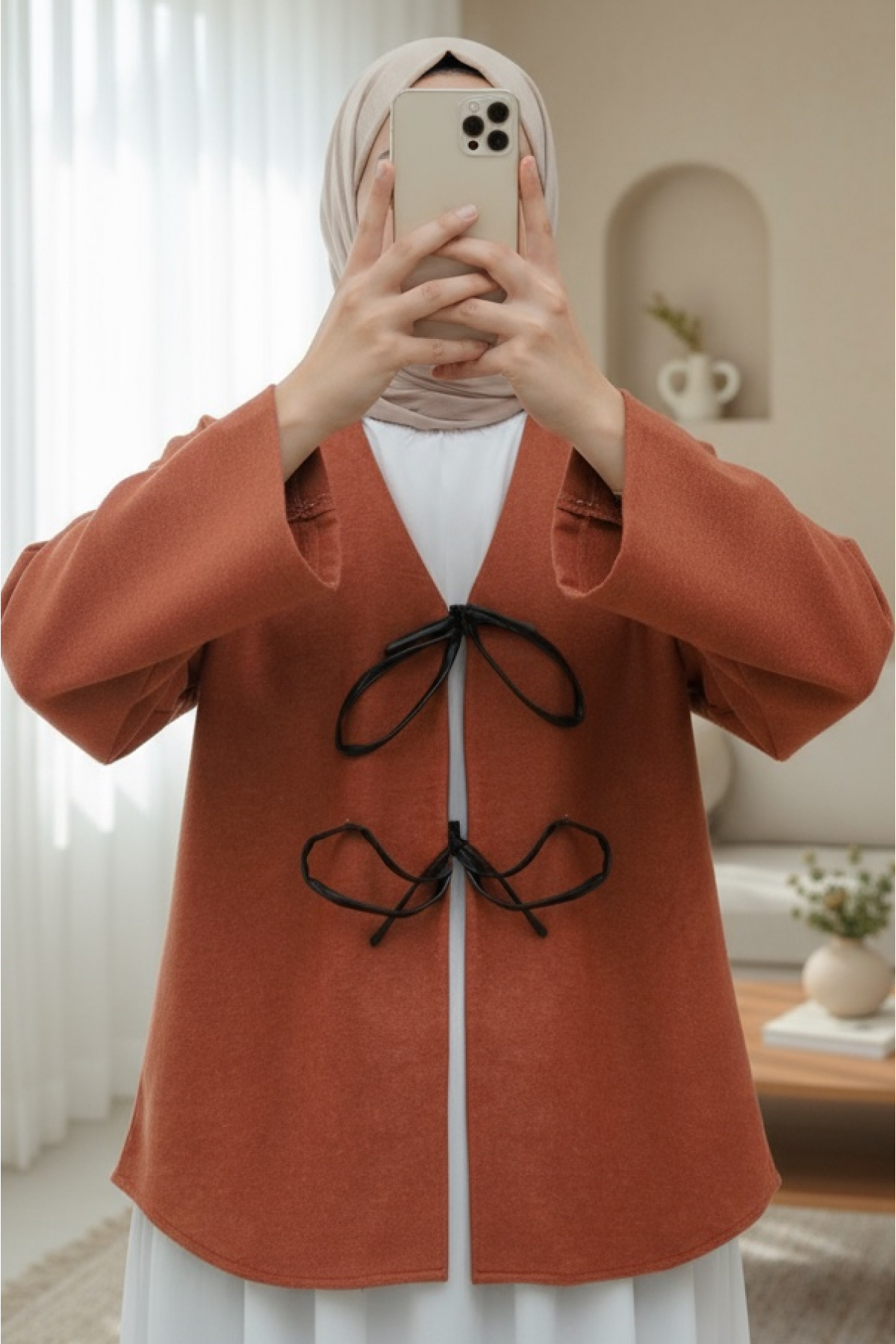 Önü Bağcıklı Oval Kesim Kaşe Kimono    -Kiremit
