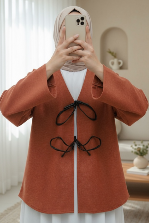 Önü Bağcıklı Oval Kesim Kaşe Kimono    -Kiremit