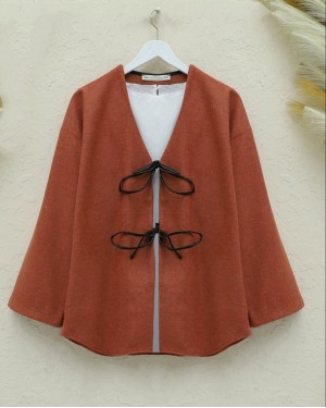 Laced Front Oval Cut Cashmere Kimono    -Brick color