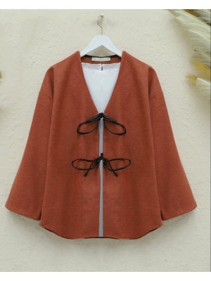 Önü Bağcıklı Oval Kesim Kaşe Kimono    -Kiremit