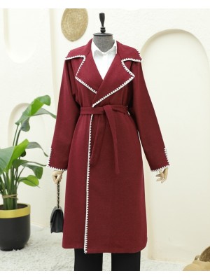 Çoban Dikiş Belden Bağlamalı Kaşe Kaban -Bordo