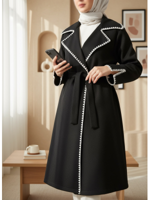 Shepherd's Stitch Waist-Tied Cashmere Coat -Black