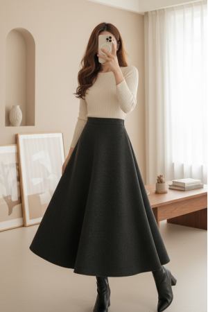 Fermuarlı Kaşe Çan Etek   -Füme