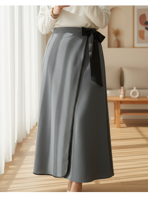 Beli Lastikli Bağlamalı Biyeli Kaşe Etek  -Füme