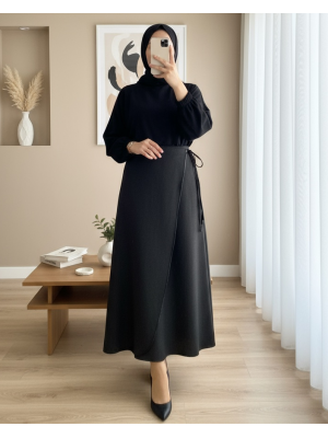 Beli Lastikli İnce Biyeli Kaşe Etek -Siyah