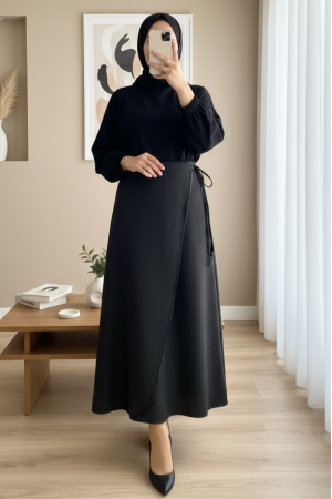 Beli Lastikli İnce Biyeli Kaşe Etek -Siyah