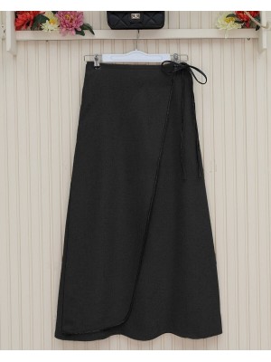 Beli Lastikli İnce Biyeli Kaşe Etek -Siyah