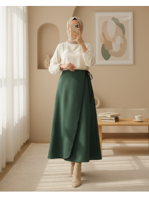 Beli Lastikli İnce Biyeli Kaşe Etek -Zümrüt