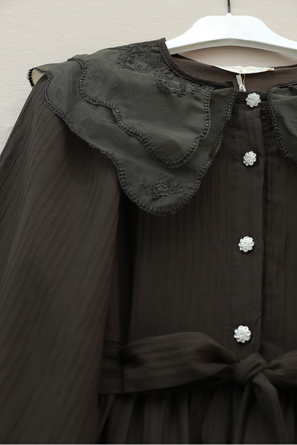 Organza Peter Pan Collar Crinkle Dress with Stone Buttons -Dark Coffee