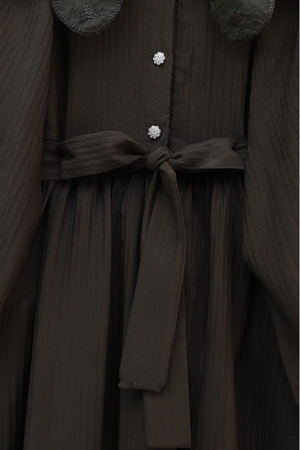 Organza Peter Pan Collar Crinkle Dress with Stone Buttons -Dark Coffee
