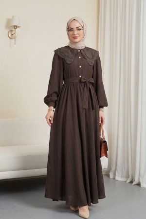 Organze Bebe Yaka Taş Düğmeli Krinkıl Elbise -K. Kahve