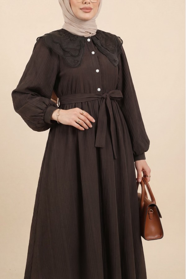 Organza Peter Pan Collar Crinkle Dress with Stone Buttons -Dark Coffee