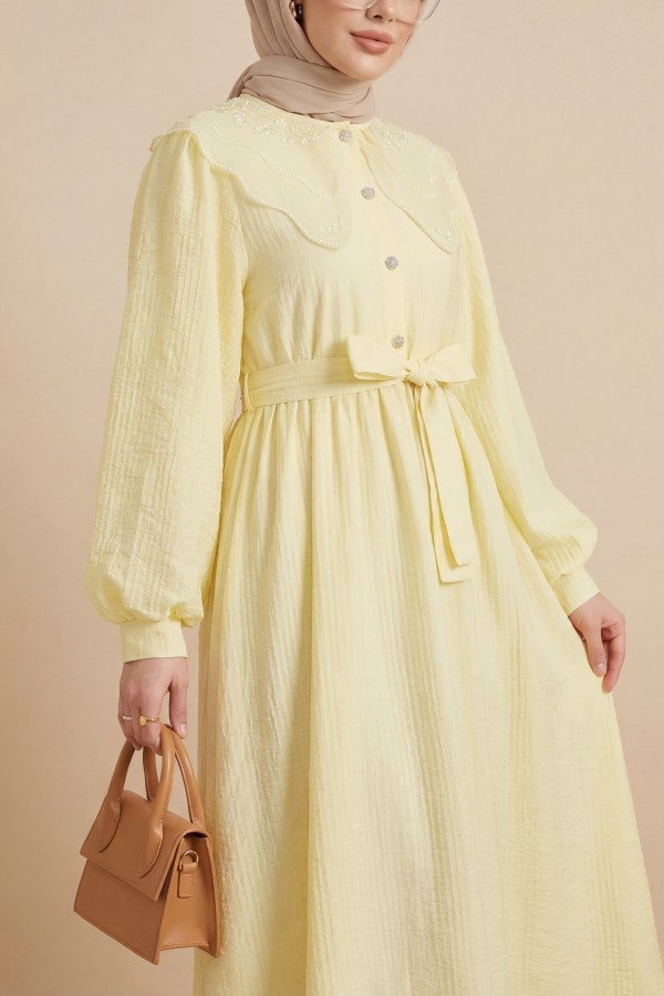 Organza Peter Pan Collar Crinkle Dress with Stone Buttons -Yellow
