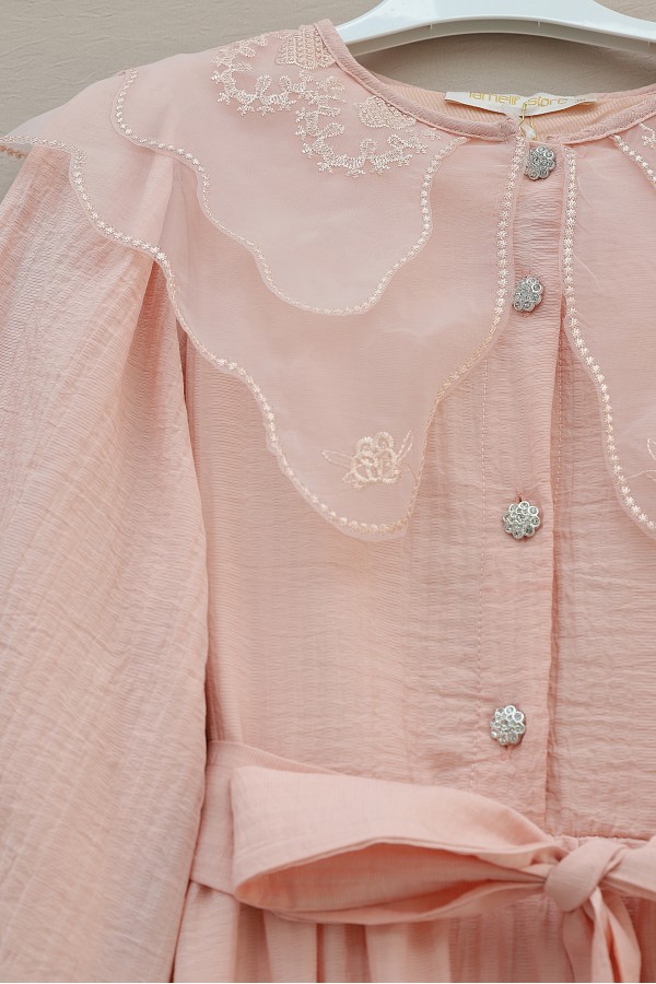 Organza Peter Pan Collar Crinkle Dress with Stone Buttons -Salmon