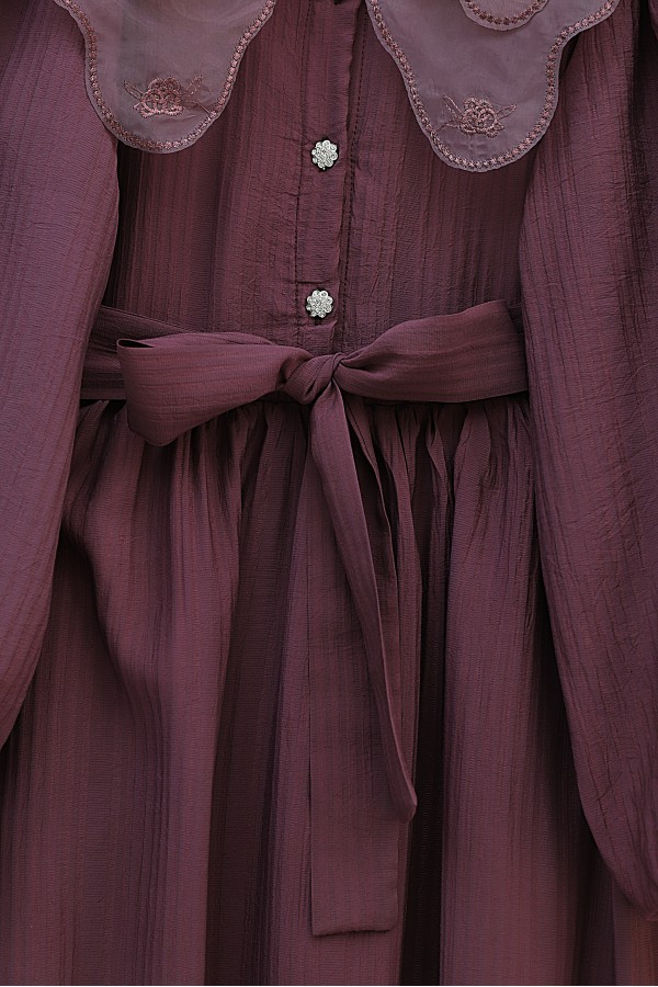 Organza Peter Pan Collar Crinkle Dress with Stone Buttons -Cherry Color