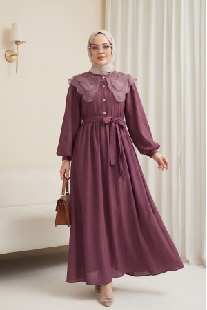 Organze Bebe Yaka Taş Düğmeli Krinkıl Elbise -Vişne