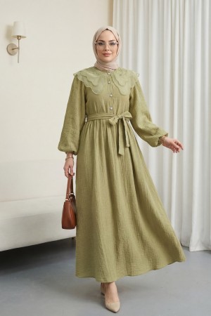 Organze Bebe Yaka Taş Düğmeli Krinkıl Elbise -Yağ Yeşili