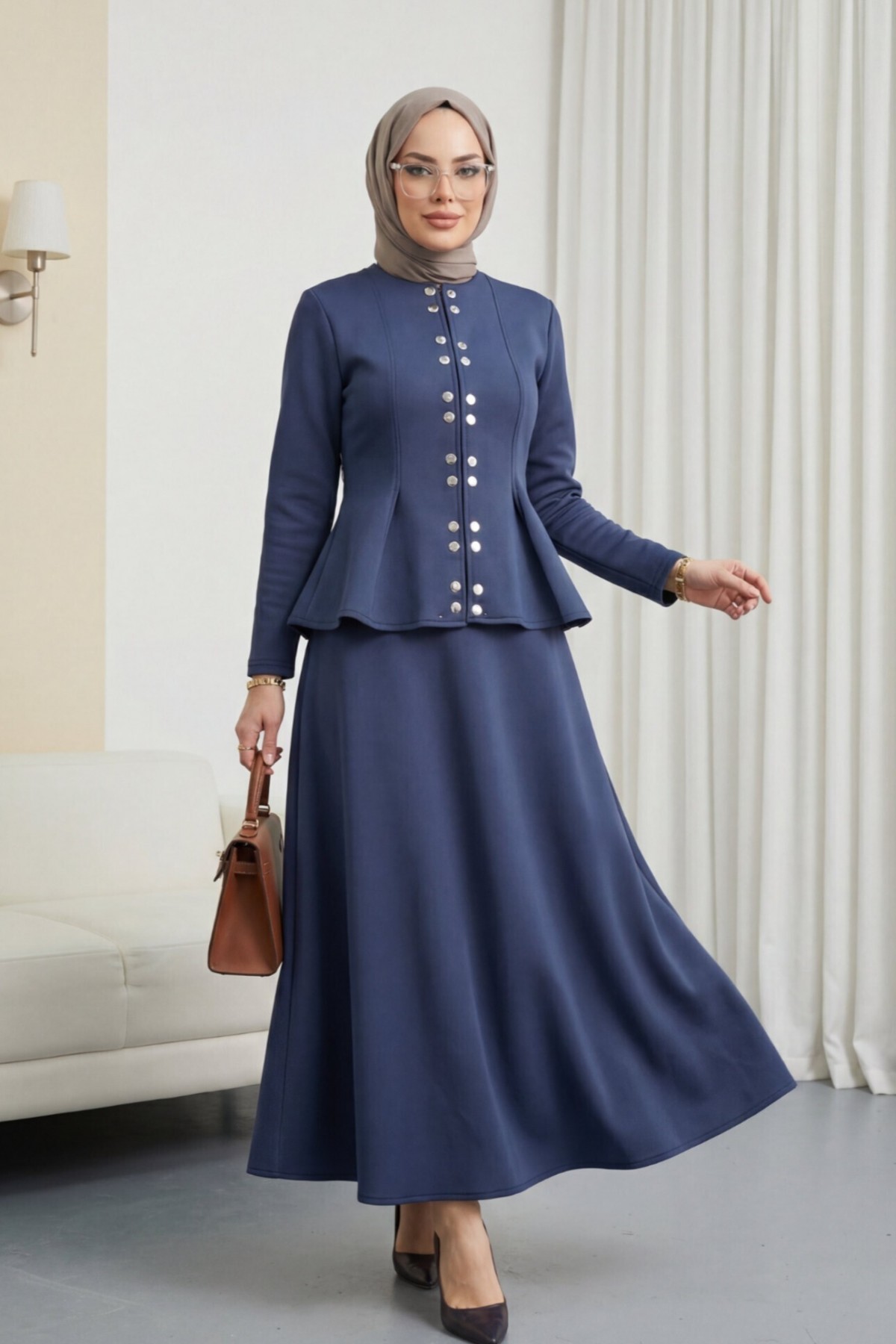 Scuba Set with Double Snap Front, Ruffled Waist and Skirt -Navy blue